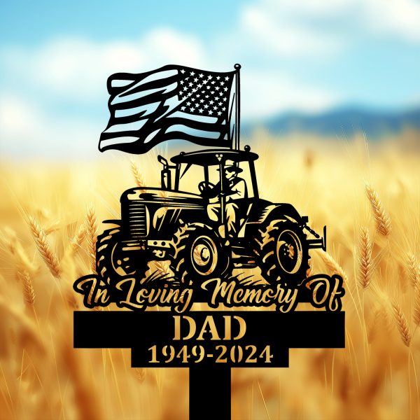 DINOZOZOCOM Personalized Memorial Garden Stakes Patriotic Farmer on Tractor with US Flag Grave Marker, Farmer Loss Gift, Remembrance Stake