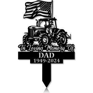 DINOZOZOCOM Personalized Memorial Garden Stakes Patriotic Farmer on Tractor with US Flag Grave Marker, Farmer Loss Gift, Remembrance Stake