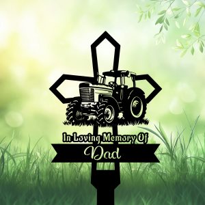 DINOZOZOCOM Personalized Memorial Garden Stakes Tractor Cross Grave Marker, Farmer Loss Gift, Remembrance Stake