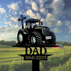 DINOZOZOCOM Personalized Memorial Garden Stakes Tractor Cross Grave Marker Farmer Loss Gift Remembrance Stake 2 1