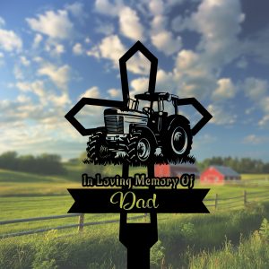 DINOZOZOCOM Personalized Memorial Garden Stakes Tractor Cross Grave Marker Farmer Loss Gift Remembrance Stake 2