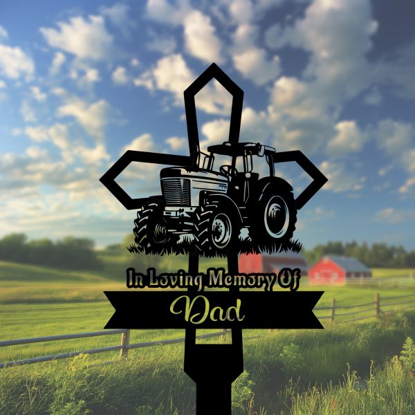 DINOZOZOCOM Personalized Memorial Garden Stakes Tractor Cross Grave Marker, Farmer Loss Gift, Remembrance Stake