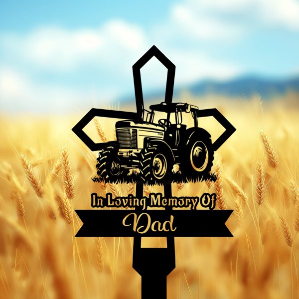 DINOZOZOCOM Personalized Memorial Garden Stakes Tractor Cross Grave Marker, Farmer Loss Gift, Remembrance Stake