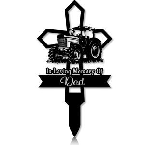 DINOZOZOCOM Personalized Memorial Garden Stakes Tractor Cross Grave Marker, Farmer Loss Gift, Remembrance Stake