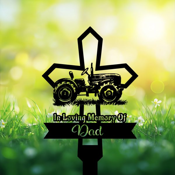 DINOZOZOCOM Personalized Memorial Garden Stakes, Tractor Farmer Cross Grave Marker, Loss of Loved One, Sympathy Gifts, Farmer Cemetary Decor