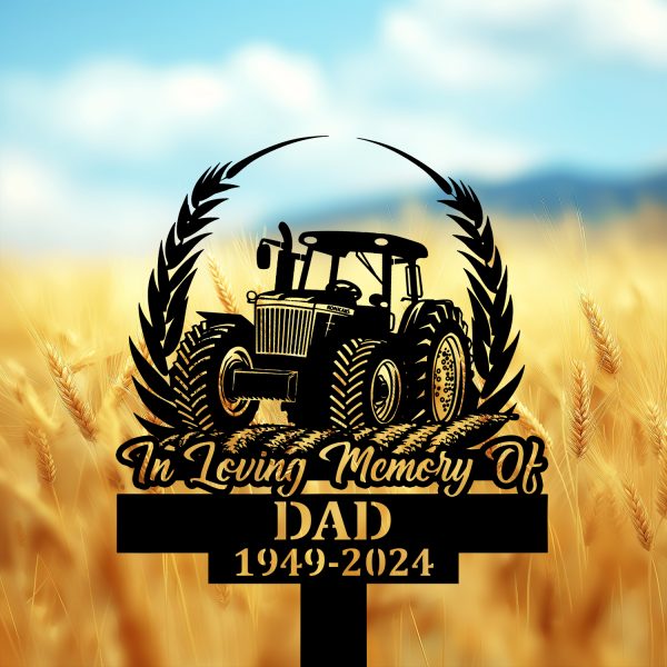 DINOZOZOCOM Personalized Memorial Garden Stakes, Tractor on Wheat Fields Grave Marker, Loss of Loved One, Sympathy Gifts, Farmer Cemetary Decor