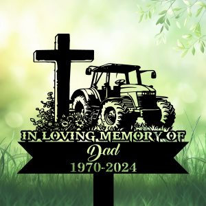 DINOZOZOCOM Personalized Memorial Garden Stakes Tractor with Cross Farmer Dad Grave Marker Farmer Loss Gift Remembrance Stake 1