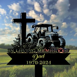 DINOZOZOCOM Personalized Memorial Garden Stakes Tractor with Cross Farmer Dad Grave Marker Farmer Loss Gift Remembrance Stake 2