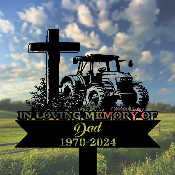 DINOZOZOCOM Personalized Memorial Garden Stakes Tractor with Cross Farmer Dad Grave Marker, Farmer Loss Gift, Remembrance Stake