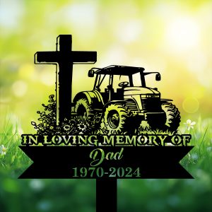 DINOZOZOCOM Personalized Memorial Garden Stakes Tractor with Cross Farmer Dad Grave Marker Farmer Loss Gift Remembrance Stake 3