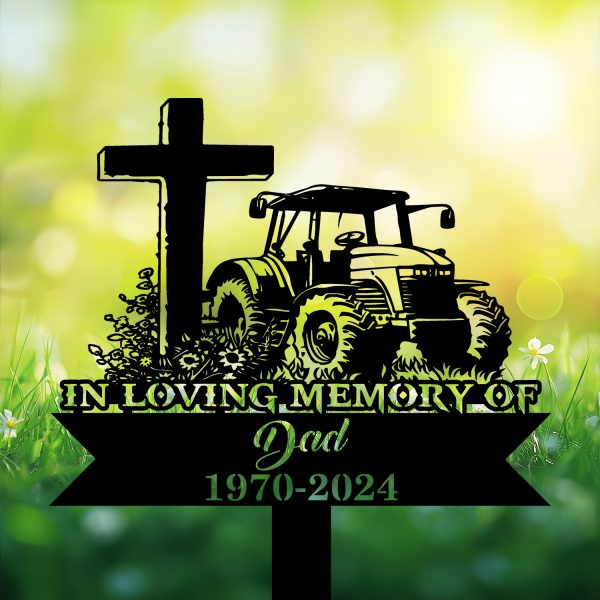 DINOZOZOCOM Personalized Memorial Garden Stakes Tractor with Cross Farmer Dad Grave Marker, Farmer Loss Gift, Remembrance Stake