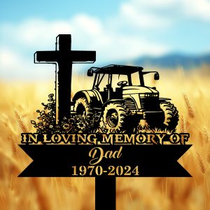 DINOZOZOCOM Personalized Memorial Garden Stakes Tractor with Cross Farmer Dad Grave Marker Farmer Loss Gift Remembrance Stake 4