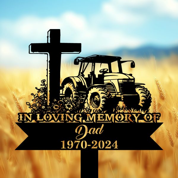 DINOZOZOCOM Personalized Memorial Garden Stakes Tractor with Cross Farmer Dad Grave Marker, Farmer Loss Gift, Remembrance Stake