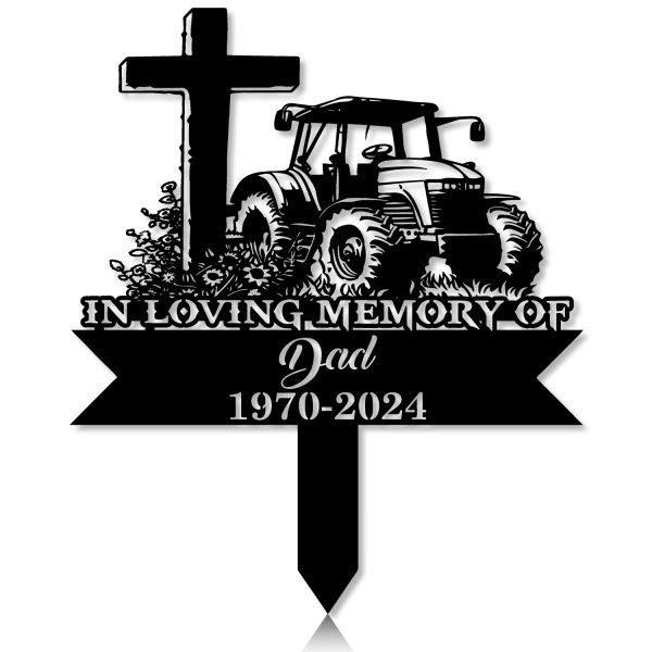 DINOZOZOCOM Personalized Memorial Garden Stakes Tractor with Cross Farmer Dad Grave Marker, Farmer Loss Gift, Remembrance Stake