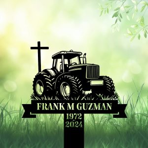 DINOZOZOCOM Personalized Memorial Garden Stakes Tractor with Cross Farmer Grave Marker Farmer Loss Gift Remembrance Stake 1