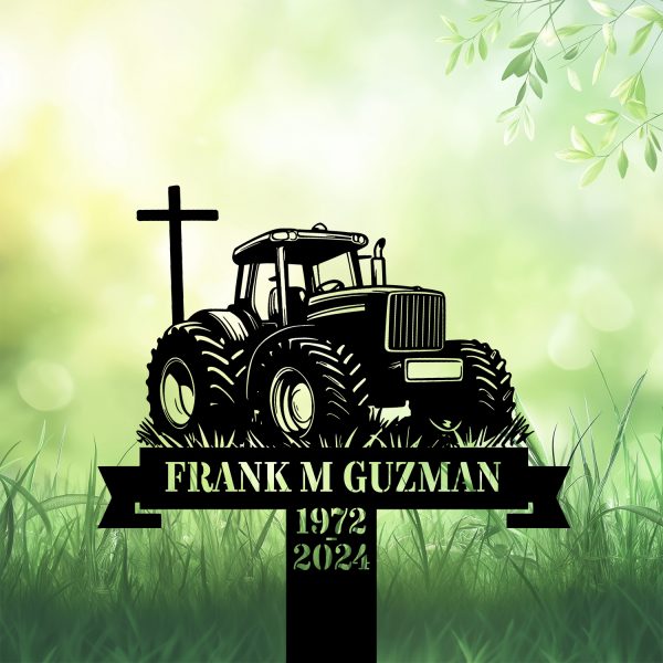 DINOZOZOCOM Personalized Memorial Garden Stakes Tractor with Cross Farmer Grave Marker, Farmer Loss Gift, Remembrance Stake