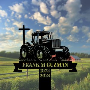 DINOZOZOCOM Personalized Memorial Garden Stakes Tractor with Cross Farmer Grave Marker Farmer Loss Gift Remembrance Stake 2