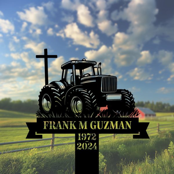 DINOZOZOCOM Personalized Memorial Garden Stakes Tractor with Cross Farmer Grave Marker, Farmer Loss Gift, Remembrance Stake