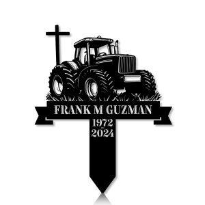 DINOZOZOCOM Personalized Memorial Garden Stakes Tractor with Cross Farmer Grave Marker Farmer Loss Gift Remembrance Stake 5