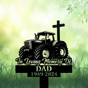 DINOZOZOCOM Personalized Memorial Garden Stakes Tractor with Cross Farmer Grave Marker Loss of Loved One Sympathy Gifts Farmer Cemetary Decor 1