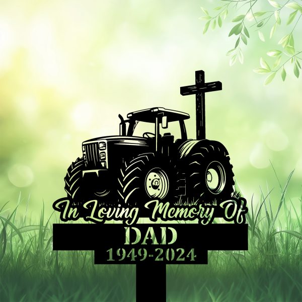 DINOZOZOCOM Personalized Memorial Garden Stakes, Tractor with Cross Farmer Grave Marker, Loss of Loved One, Sympathy Gifts, Farmer Cemetary Decor