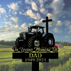 DINOZOZOCOM Personalized Memorial Garden Stakes Tractor with Cross Farmer Grave Marker Loss of Loved One Sympathy Gifts Farmer Cemetary Decor 2