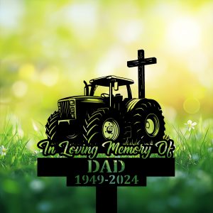 DINOZOZOCOM Personalized Memorial Garden Stakes Tractor with Cross Farmer Grave Marker Loss of Loved One Sympathy Gifts Farmer Cemetary Decor 3