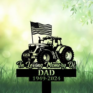 DINOZOZOCOM Personalized Memorial Garden Stakes Tractor with US Flag Farmer Grave Marker Farmer Loss Gift Remembrance Stake 1