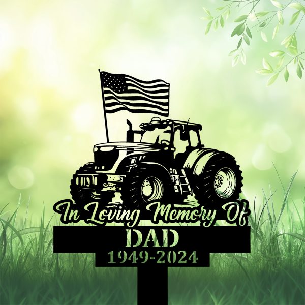 DINOZOZOCOM Personalized Memorial Garden Stakes Tractor with US Flag Farmer Grave Marker, Farmer Loss Gift, Remembrance Stake