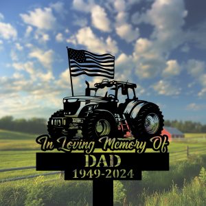 DINOZOZOCOM Personalized Memorial Garden Stakes Tractor with US Flag Farmer Grave Marker Farmer Loss Gift Remembrance Stake 2