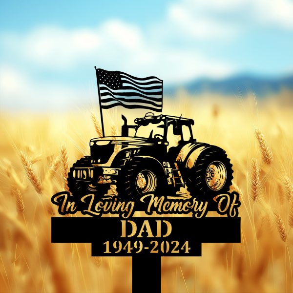 DINOZOZOCOM Personalized Memorial Garden Stakes Tractor with US Flag Farmer Grave Marker, Farmer Loss Gift, Remembrance Stake