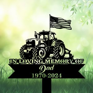 DINOZOZOCOM Personalized Memorial Garden Stakes US Flag Tractor Grave Marker Farmer Loss Gift Remembrance Stake 1