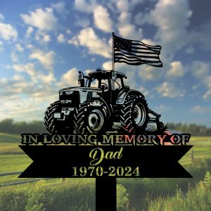 DINOZOZOCOM Personalized Memorial Garden Stakes US Flag Tractor Grave Marker Farmer Loss Gift Remembrance Stake 2