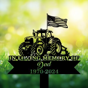 DINOZOZOCOM Personalized Memorial Garden Stakes US Flag Tractor Grave Marker Farmer Loss Gift Remembrance Stake 3