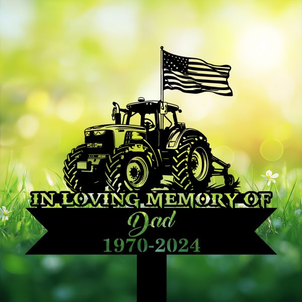 DINOZOZOCOM Personalized Memorial Garden Stakes US Flag Tractor Grave Marker, Farmer Loss Gift, Remembrance Stake