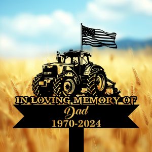 DINOZOZOCOM Personalized Memorial Garden Stakes US Flag Tractor Grave Marker Farmer Loss Gift Remembrance Stake 4