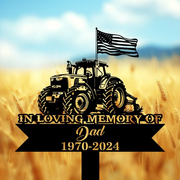 DINOZOZOCOM Personalized Memorial Garden Stakes US Flag Tractor Grave Marker, Farmer Loss Gift, Remembrance Stake