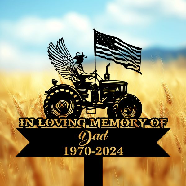 DINOZOZOCOM Personalized Memorial Garden Stakes, USA Flag Patriotic Farmer with Wings Grave Marker, Loss of Loved One, Sympathy Gifts, Farmer Cemetary Decor