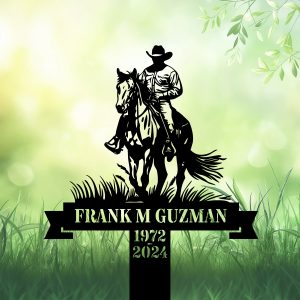 DINOZOZOCOM Personalized Memorial Garden Stakes, Vintage Cowboy Riding Horse Grave Marker, Loss of Loved One, Sympathy Gifts, Cowboy Cemetary Decor