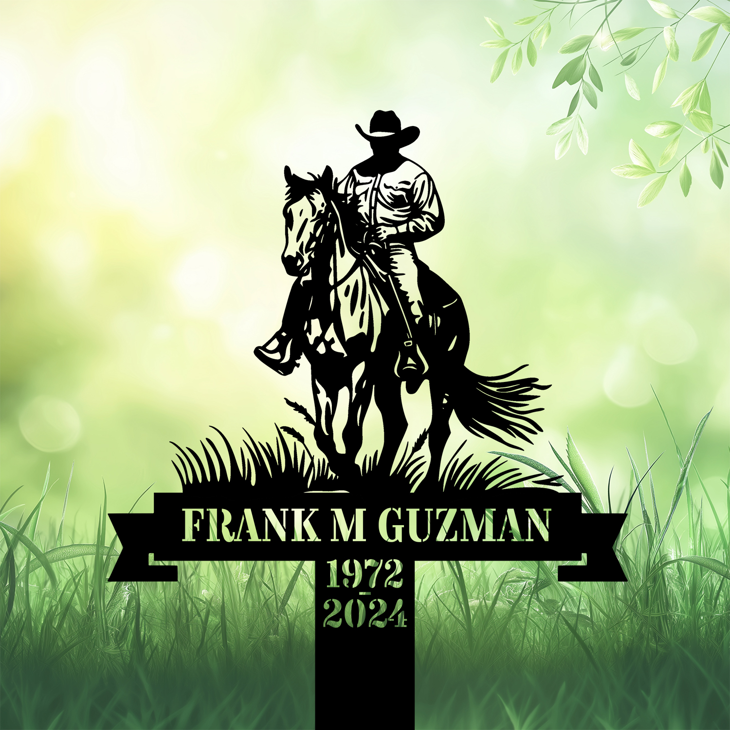 DINOZOZOCOM Personalized Memorial Garden Stakes Vintage Cowboy Riding Horse Grave Marker Loss of Loved One Sympathy Gifts Cowboy Cemetary Decor 1