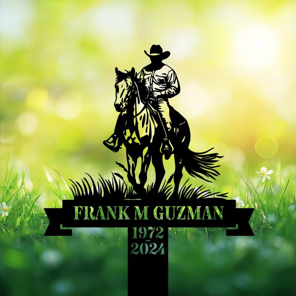 DINOZOZOCOM Personalized Memorial Garden Stakes Vintage Cowboy Riding Horse Grave Marker Loss of Loved One Sympathy Gifts Cowboy Cemetary Decor 3