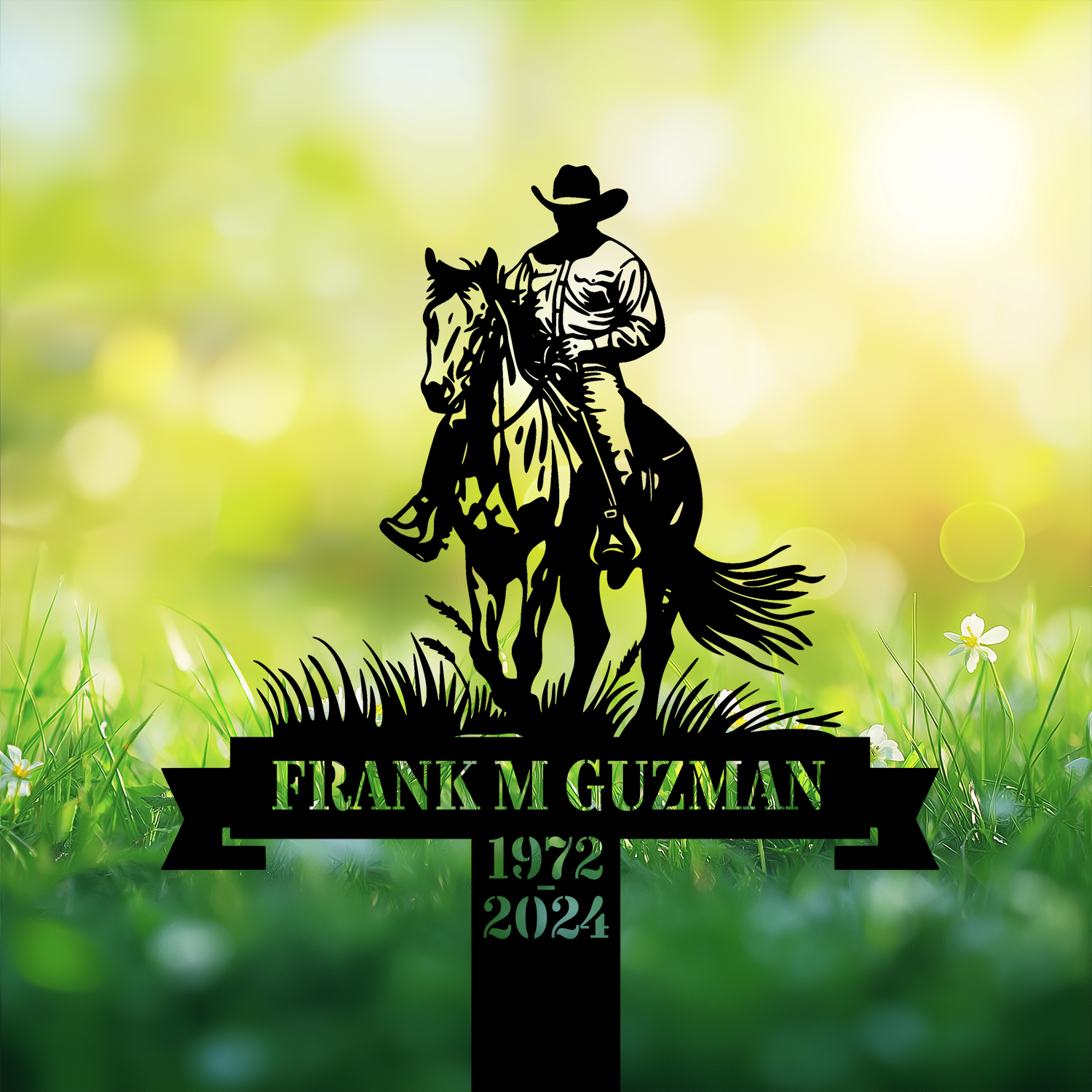 DINOZOZOCOM Personalized Memorial Garden Stakes Vintage Cowboy Riding Horse Grave Marker Loss of Loved One Sympathy Gifts Cowboy Cemetary Decor 3