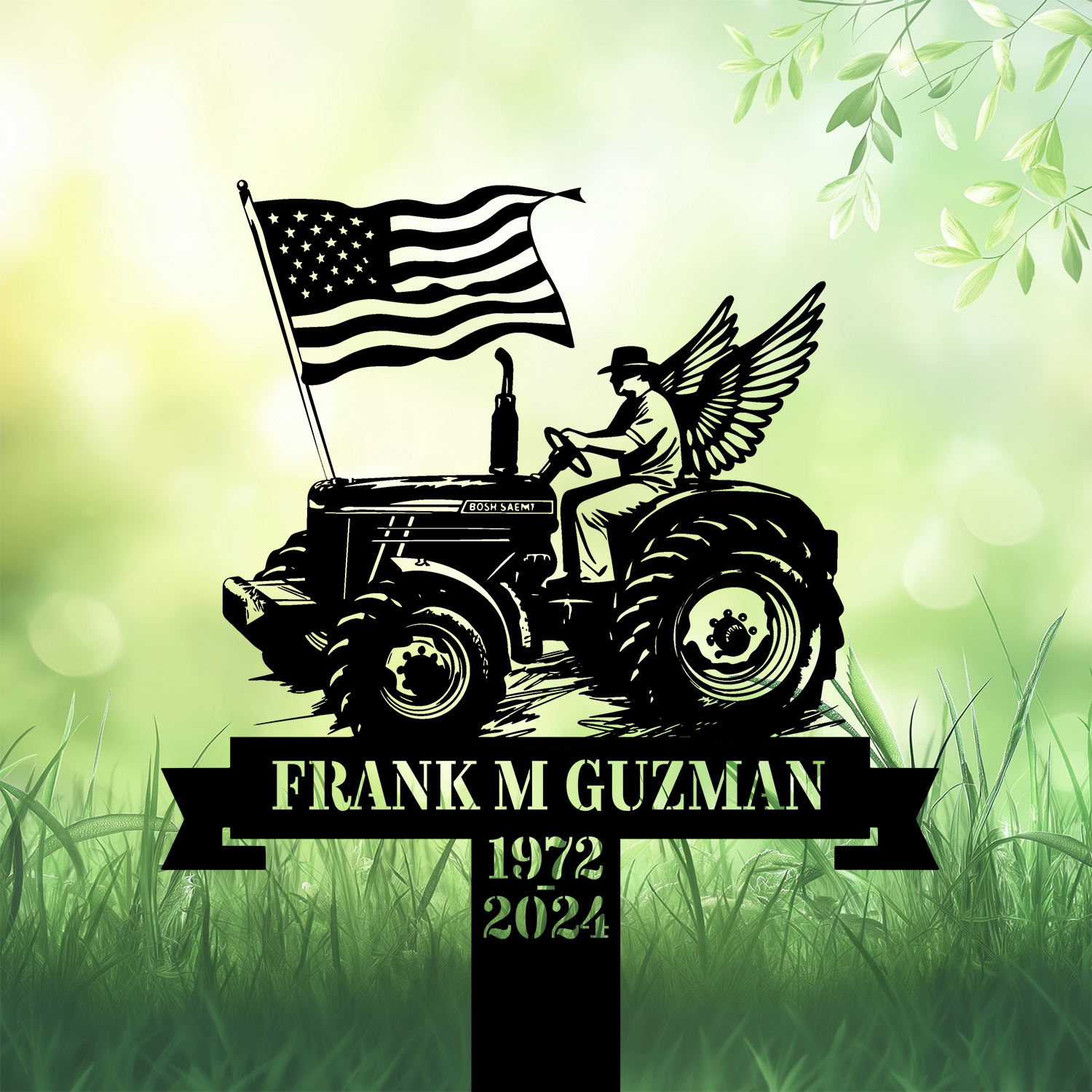 DINOZOZOCOM Personalized Memorial Garden Stakes Vintage Farmer with Wing on Tractor with US Flag Grave Marker Loss of Loved One Sympathy Gifts Farmer Cemetary Decor 1