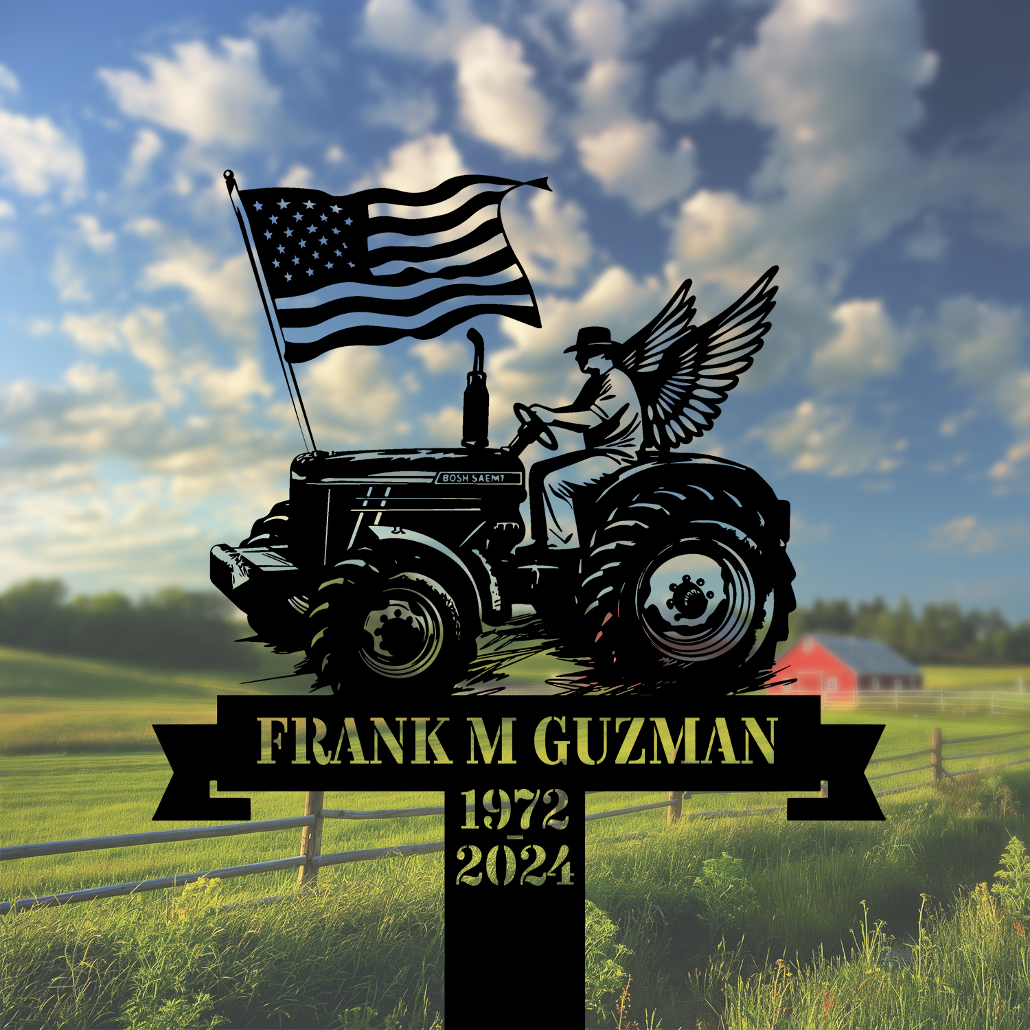 DINOZOZOCOM Personalized Memorial Garden Stakes Vintage Farmer with Wing on Tractor with US Flag Grave Marker Loss of Loved One Sympathy Gifts Farmer Cemetary Decor 2
