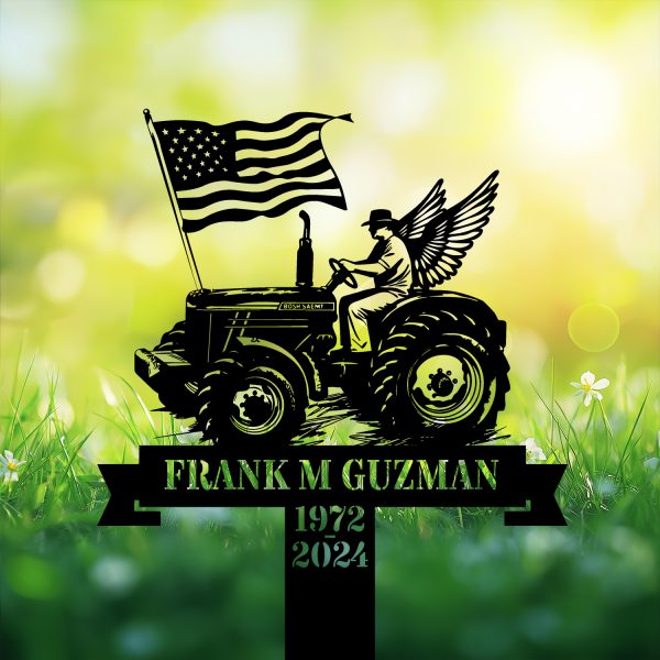 DINOZOZOCOM Personalized Memorial Garden Stakes Vintage Farmer with Wing on Tractor with US Flag Grave Marker Loss of Loved One Sympathy Gifts Farmer Cemetary Decor 3
