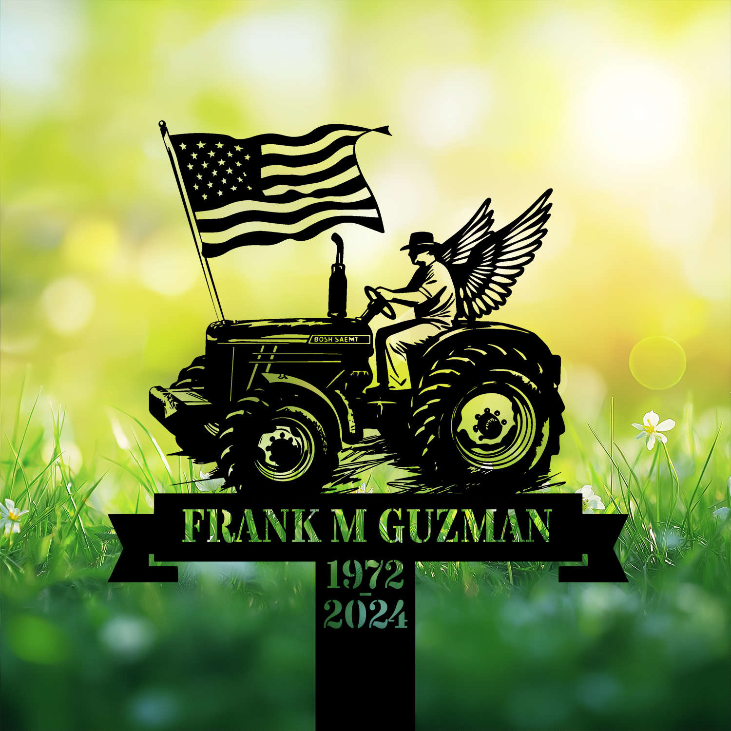 DINOZOZOCOM Personalized Memorial Garden Stakes Vintage Farmer with Wing on Tractor with US Flag Grave Marker Loss of Loved One Sympathy Gifts Farmer Cemetary Decor 3