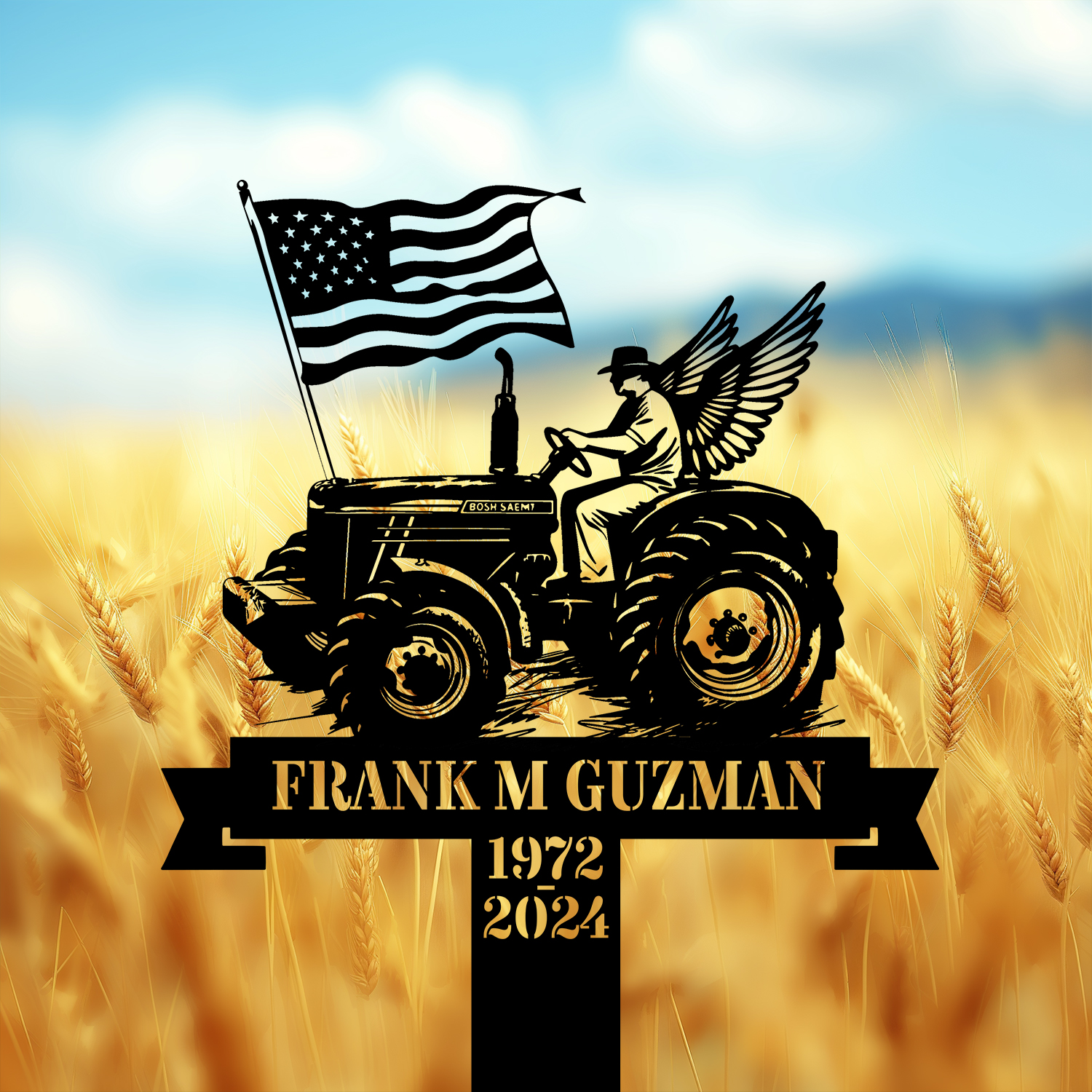 DINOZOZOCOM Personalized Memorial Garden Stakes Vintage Farmer with Wing on Tractor with US Flag Grave Marker Loss of Loved One Sympathy Gifts Farmer Cemetary Decor 4