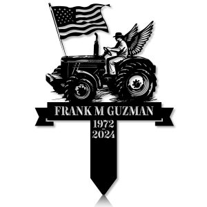 DINOZOZOCOM Personalized Memorial Garden Stakes, Vintage Farmer with Wing on Tractor with US Flag Grave Marker, Loss of Loved One, Sympathy Gifts, Farmer Cemetary Decor