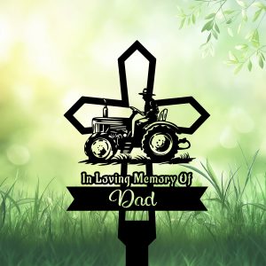 DINOZOZOCOM Personalized Memorial Garden Stakes Vintage Farmeron Tractor Cross Grave Marker, Farmer Loss Gift, Remembrance Stake