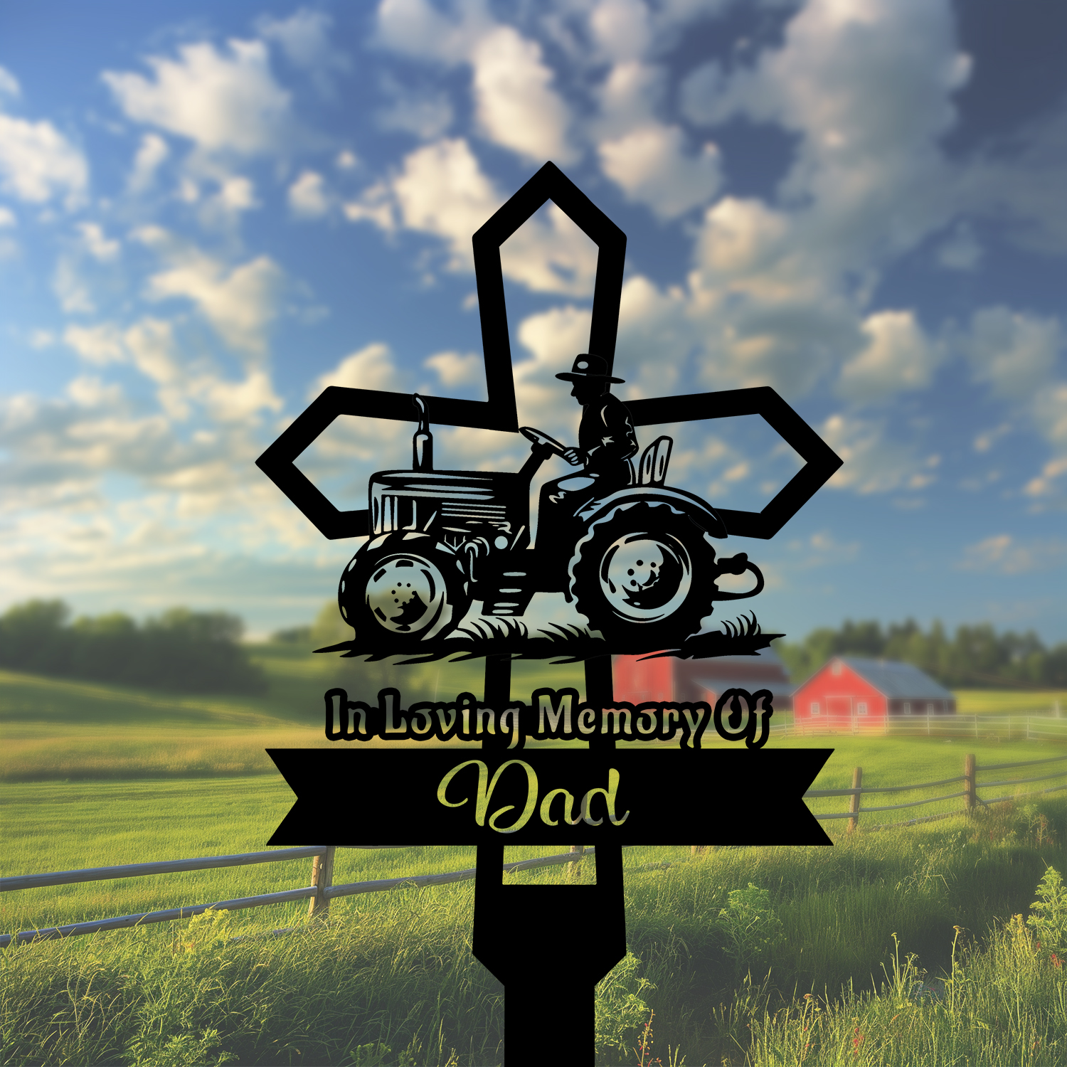 DINOZOZOCOM Personalized Memorial Garden Stakes Vintage Farmeron Tractor Cross Grave Marker Farmer Loss Gift Remembrance Stake 2